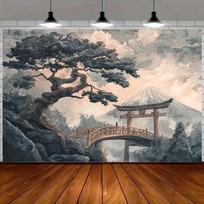 2D Asian Art Backdrop, Watercolor Mount Fuji with Shrine Gate & Pine Tree Banner 47.2x31.5inch/120*80cm
