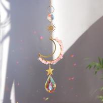 Premium Natural Crystal Moon and Star Sun Catcher with Wind Chimes Stone Crystal Hanging Ornament for Home Garden Decor (as the picture,One Size)