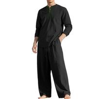 Men Contrast Stitch Henley 2 Piece Linen Matching Set Long Sleeve Shirt & Drawstring Wide Leg Pants Summer Casual Beach Outfit S juoda