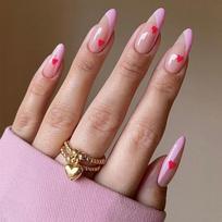 Medium-Long French Pink Press-On Nails with Red Heart Design