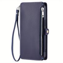 Wallet Leather Flip Case for iPhone 16E 16 Pro Max 15 14 Plus 13 12 11 Wrist Strap Zipper Handbag Card Slot Stand Book Cover iPhone 15 mėlyna