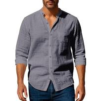 Medvilnės Lino Marškiniai Vyrams Henley Apykaklė Vientisos Spalvos Lengvi Kvėpuojantys Slim Fit Vienaeiliai Marškiniai Ilgomis Rankovėmis Užsegami Sagomis XXXL dangaus mėlyna spalva