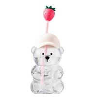 Odor-free Rubber Accessories Cute Bear Glass Cup with Straw & Lid, 500/591ml Plastic/Glass Water Bottle for Cartoon Heads Set Cold/Hot Drinks, Pattern rožinė