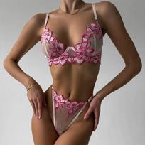 Three-point bra sexy contrasting mesh embroidery lingerie set XL rožinė