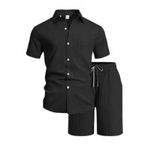 Summer Men Textured Two Piece Matching Set Lapel Collar Short Sleeve Button Shirt Elastic Drawstring Casual Shorts Beach Casual Loungewear Suit S juoda