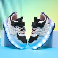 Children's Velcro Wear Quick Four-wheel Heely Shoes with Wheels Sports Shoes USB Charging LED Luminous Light Sports Shoes Girls Roller Skates 29 violetinė/juoda