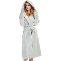 Women Dressing Gown Hooded Fleece Lined Fluffy Bathrobe S šviesiai pilka spalva