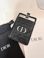 DIOR 1 Set Black Quilted Leather Card Holder with Mini Pocket Mirror Metal CD Logo Portable Makeup Mirror for Women Daily Touch Up juoda
