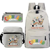 Cartoon Teacup Head Cuphead Student Backpack Oblique Span Bag Pencil Bag Primary And Secondary School Students Children'S Schoolbag Three-Piece Set three-piece set