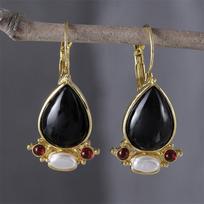 Retro Inlaid Black Gemstone Drop Shape Earrings 1cm*3cm