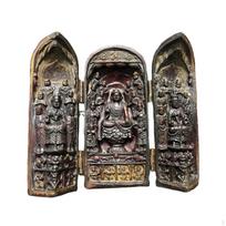 Antique Buddha Shrine Collectible Triptych Altar Intricate Details Carved Buddhist Figurine