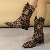Nauji Retro Rudo Vesterniško Kaubojaus Ilgaauliai Moteriški Madingi Vidutinio Ilgio Smailianosiai Batai Pavasariui Rudeniui Žiemai Guminis Padas 35 leopardo rašto spalva