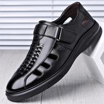 Men Hollow Out Genuine Leather Sandals Adjustable Velcro Strap Closed Toe Woven Comfort Thick Sole Walking Casual Dress Shoes 38 juoda
