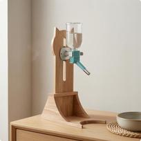 WallMounted Pet Water Dispenser Clear CatShaped bottleShaped Drinking Nozzle Wooden Bamboo Stand W Grn