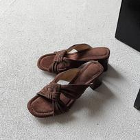 Krazing Pot Sheepskin Suede Mules Summer Size 40 Butterfly-knot Flip Flops Slip on Thick High Heels Women Peep Toe Sandals 35 kava