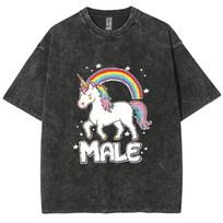 Summer Rainbow Unicorn Print Women's Cotton Washed T-Shirt Oversized Loose Mid Sleeve Cute Fashion High Quality Top S