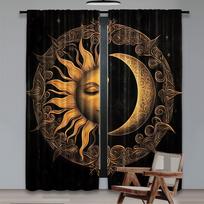 2 vnt. juodos auksinės užuolaidos su saulės ir mėnulio raštu, tinkamos miegamajam, virtuvei, valgomajam, svetainei, darbo kabinetui, biurui 29x65in(75x166cm) brown