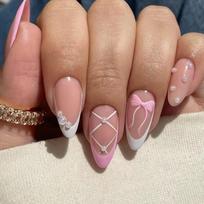 24Pcs Almond Fake Nails Press On Nail Artificial Nails False Nails Glue On Nail Bowknot Designs French Nails Tips Gifts 1