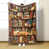 Žavingas katės ir knygų lentynos dizaino flanelinis pledas – idealiausia dovana knygų mylėtojams, bibliotekininkams ir literatūros entuziastams – visi- 75x90cm black