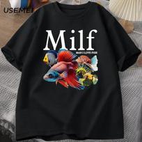 I Love Fish MILF TShirt Funny Fish WomesT-Shirt Fisherman T-Shirt Harajuku Street Top Fitness Streetwear S juoda