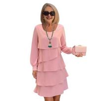 Layered Chiffon Dress for Women Long Sleeve Crew Neck Ruffle Tiered Flowy Dress Casual Wedding Guest Dress M rožinė