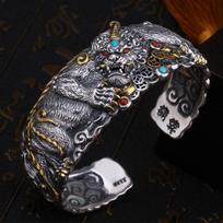 Bracelet Pixiu Wide Edition Exquisite Carving Wealthy and Open Mouth Trendy Male Dominance Bracelet one size(17-20cm)