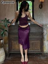Women's Summer New Fashion Casual Sexy Girl Vacation Style Crossover Neck Irregular Hem Skirt Set S violetinė
