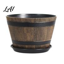 Aerated Soil Planter Pot Rustic Barrel-Style Round Planter Wood-Inspired Finish Resin with Perforated