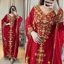Red Georgette Dubai Party Moroccan Wedding Ramzan Kaftan LongDress Farasha Abaya XS raudona