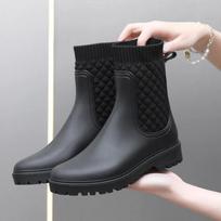 1 Pair of Women's Short Chelsea Rain Boots Fashionable U-Shaped Fly Woven Rain Boots Pvc Non-Slip Waterproof Rubber Shoes 40 juoda