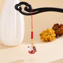 1Pcs Fortune Metal Maneki Neko Phone Chain Chinese Style Ceramic Lucky Cat Phone Pendant Cartoon Trinket Fortune Cat Key Chain raudona