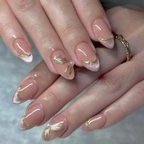 Exquisite 30-Piece Almond Cat Eye Gold Foil Pink Bow Nail Art Tips