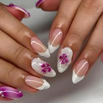 BEPAN 24Pcs Fashion Purple&White 3D Flower Press-On Nails Almond Shaped Glossy French Nail Tips for Daily Wear Suitable for All Ladies