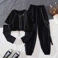 Pavasario rudens moteriškos kelnės Harajuku Cargo Pants Gražios šaunios dviejų dalių kostiumo grandinėlė ilgomis rankovėmis + kaspininės kelnės WWA M juoda