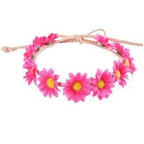 Boho Flower Headband Hair Wreath Floral Garland Crown Halo Headpiece with Ribbon rožinė raudona spalva