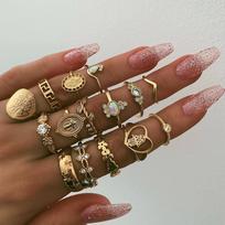 Gold Coin Cross Pattern Love Fatima Palm Ring 15-piece Ring Set 6