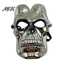 Full Face Demon Mask Halloween Skull Mask, Silver Ram Horn for Party, Scary Headgear, Glossy Metallic Cosplay Prop Electroplated sidabras