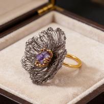 French Hand-woven Copper Wire Flower Ring, High-end Light Luxury Camellia High-end Open Ring one size(6-13)