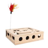 Cat Scratching Puzzle Enrichment Box Sandpaper Interactive Wooden Treat Toy with 3 Jingle Balls 1 Feather Wand for