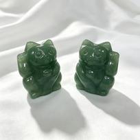 Natural Crystal Lucky Cat Pair, Feng Shui Jade Carving Statue, Home Office Gemstone Ornament Set 2inch(5.08cm) žalia
