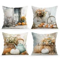 4 Pcs Retro Pumpkin Bicycle Teapot House Single-Sided Printed Pillowcase For Living Room Bedroom Car Decoration Peach skin 18*18(CM)-4Pcs