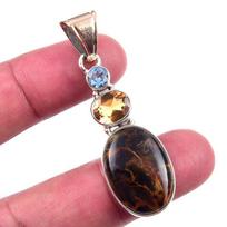 Natural Pietersite,Citrine Gemstone 925 Solid Sterling Silver Pendant 2'' O2M44