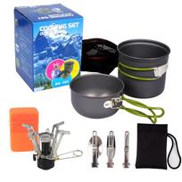 IRONDONKEY Camping Cookware Set 10 Set Stove Head with Folding Knife and Fork Cutlery Outdoor Hiking Cooking Set žalia