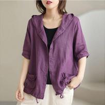 Womens Thin Short Sleeve Hooded Cotton Linen Windbreaker Summer Casual Loose Button Up Outerwear Lightweight Breathable Daily Wear Jacket Tops S violetinė