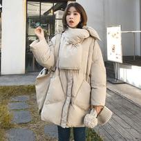 Winter Women Thick Bread Jacket White Duck Down Coat Round Neck Loose Warm Oversize Parka With Scarf Thicken Warm Outwear For Cold Weather One Size smėlis