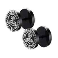 Gothic Norse Viking Runes Stud Earrings for Men Boys Rock Punk Stainless Steel Wolf Head Compass Celtic Knot Black Earrings Gift 10mm