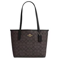 COACH City 23 Klasikinė Presbiopijos Metalo Logotipas Rankinė Tote Bag Pirkinių Krepšys Peties Dirželis Dirbtinė Oda Rankinė Vidutinio Dydžio Moteriška Riešuto Medis ir Juoda juoda