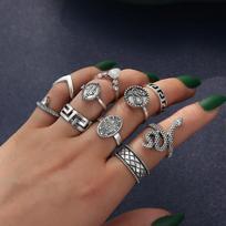 Stylish Exaggerated Carved Buddha Statue Snake Shape 10-piece Ring Set one size(US size 6-13)