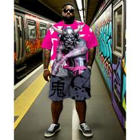 S-6XL Plus Size Men's Oversized Fit, Skull, Grim Reaper, Samurai & Skeleton Print T-Shirt & Shorts Set, Casual Streetwear Outfit 4XL