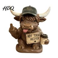 High-quality Resin Decoration Highland Cow Desk Statue Funny Middle Finger Figurine with Coffee Cup & Sassy Sign Non-fading Decor Cute Farmhouse